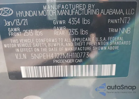 2021 Hyundai Sonata Limited z USA, uszkodzony, nr VIN 5NPEH4J22MH110773